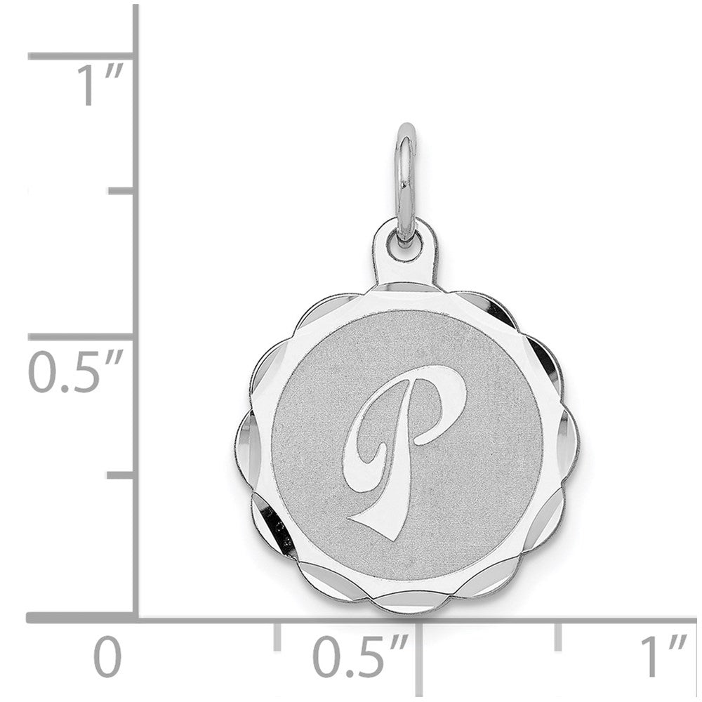 Alternate view of the Sterling Silver, Sarah Collection 15mm Brocaded Disc Initial P Pendant by The Black Bow Jewelry Co.