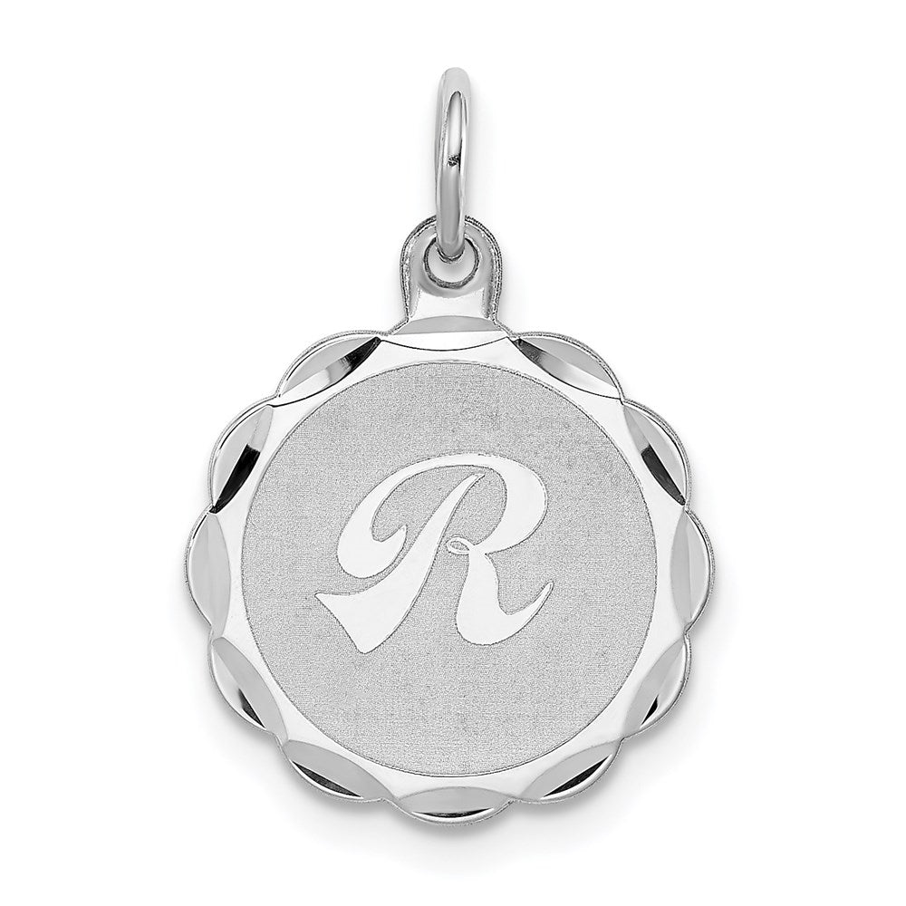 Sterling Silver, Sarah Collection 15mm Brocaded Disc Initial R Pendant, Item P10421-R by The Black Bow Jewelry Co.
