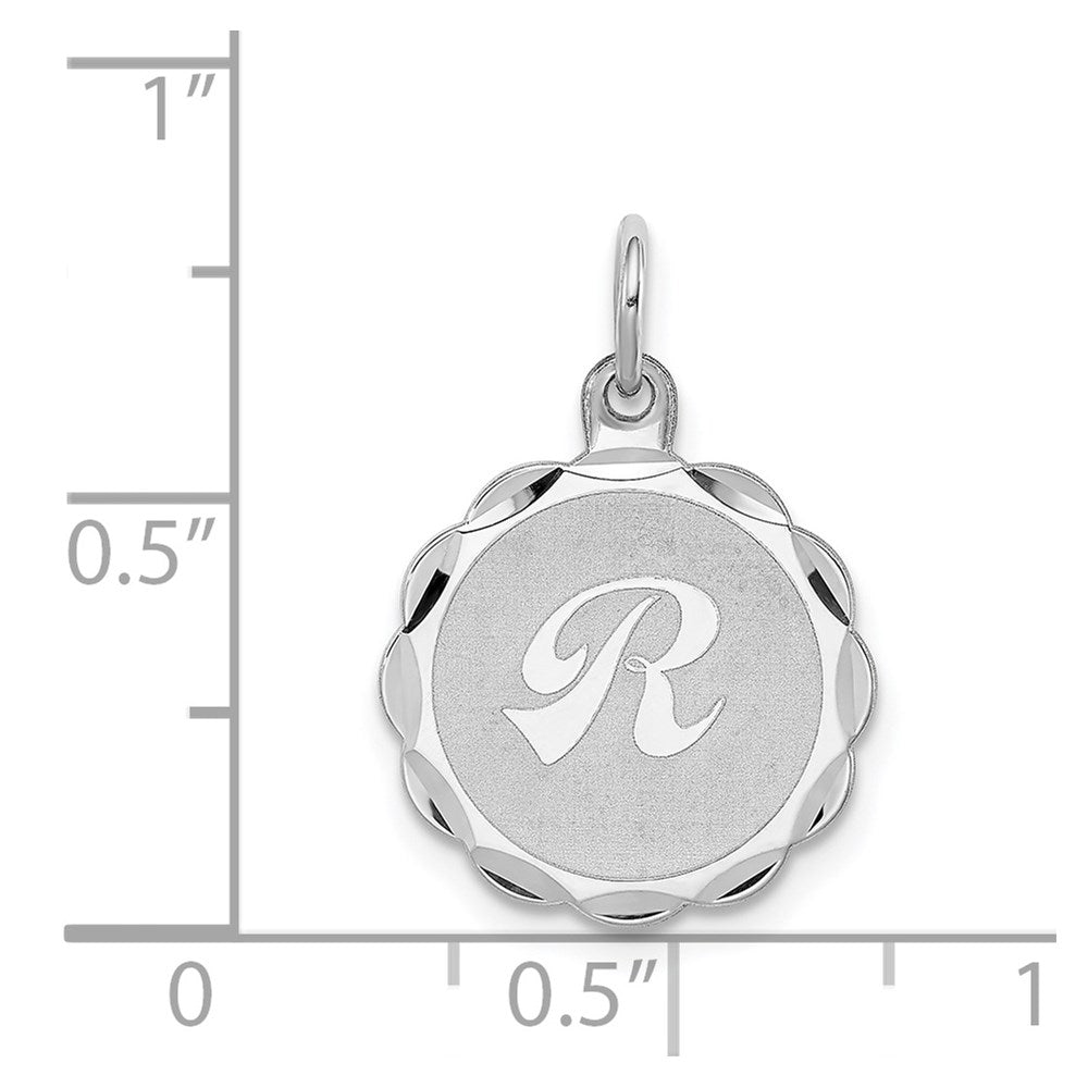 Alternate view of the Sterling Silver, Sarah Collection 15mm Brocaded Disc Initial R Pendant by The Black Bow Jewelry Co.