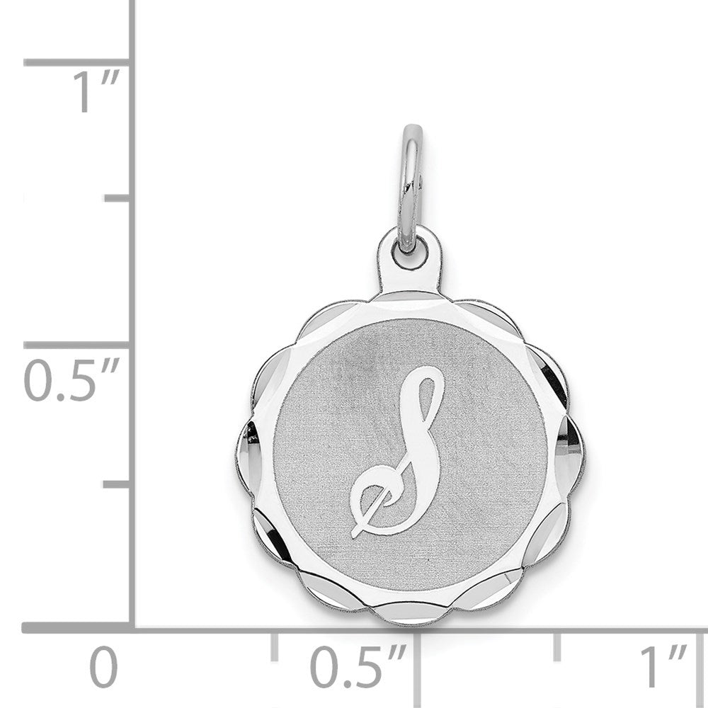 Alternate view of the Sterling Silver, Sarah Collection 15mm Brocaded Disc Initial S Pendant by The Black Bow Jewelry Co.