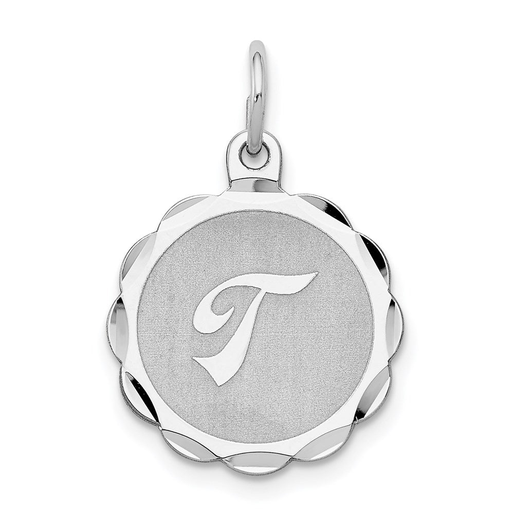 Sterling Silver, Sarah Collection 15mm Brocaded Disc Initial T Pendant, Item P10421-T by The Black Bow Jewelry Co.