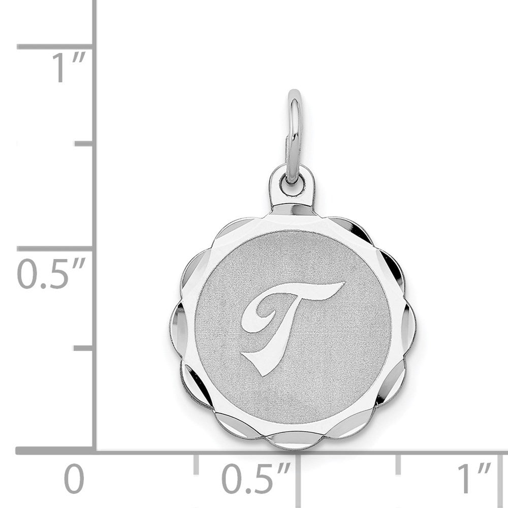 Alternate view of the Sterling Silver, Sarah Collection 15mm Brocaded Disc Initial T Pendant by The Black Bow Jewelry Co.