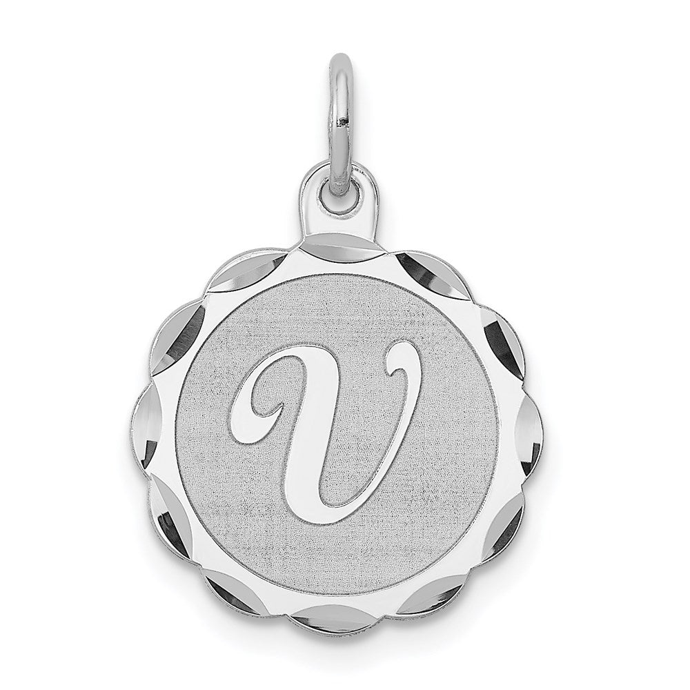 Sterling Silver, Sarah Collection 15mm Brocaded Disc Initial V Pendant, Item P10421-V by The Black Bow Jewelry Co.