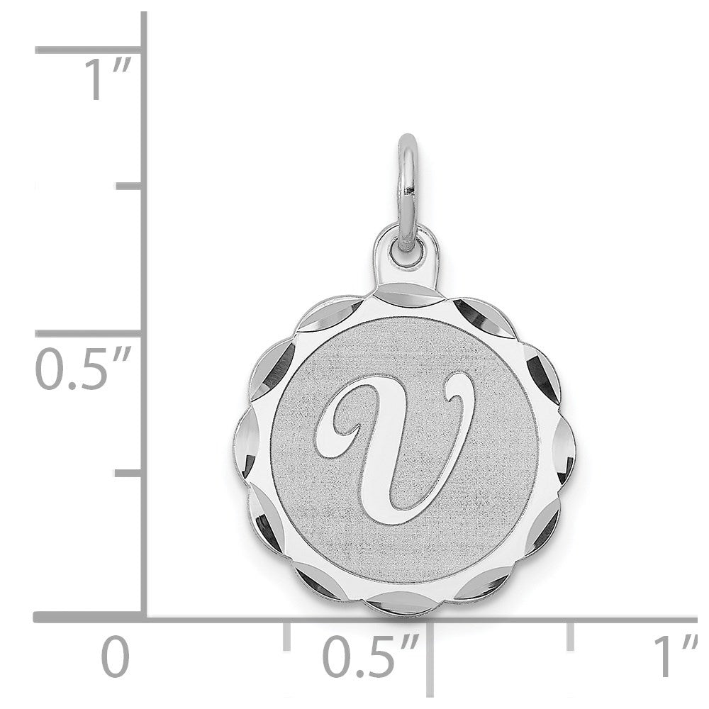 Alternate view of the Sterling Silver, Sarah Collection 15mm Brocaded Disc Initial V Pendant by The Black Bow Jewelry Co.