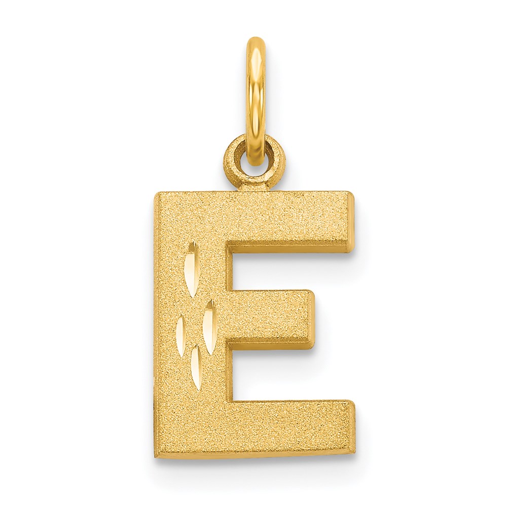 14k Yellow Gold, Julia Collection, Small Satin Block Initial E Pendant, Item P10422-E by The Black Bow Jewelry Co.