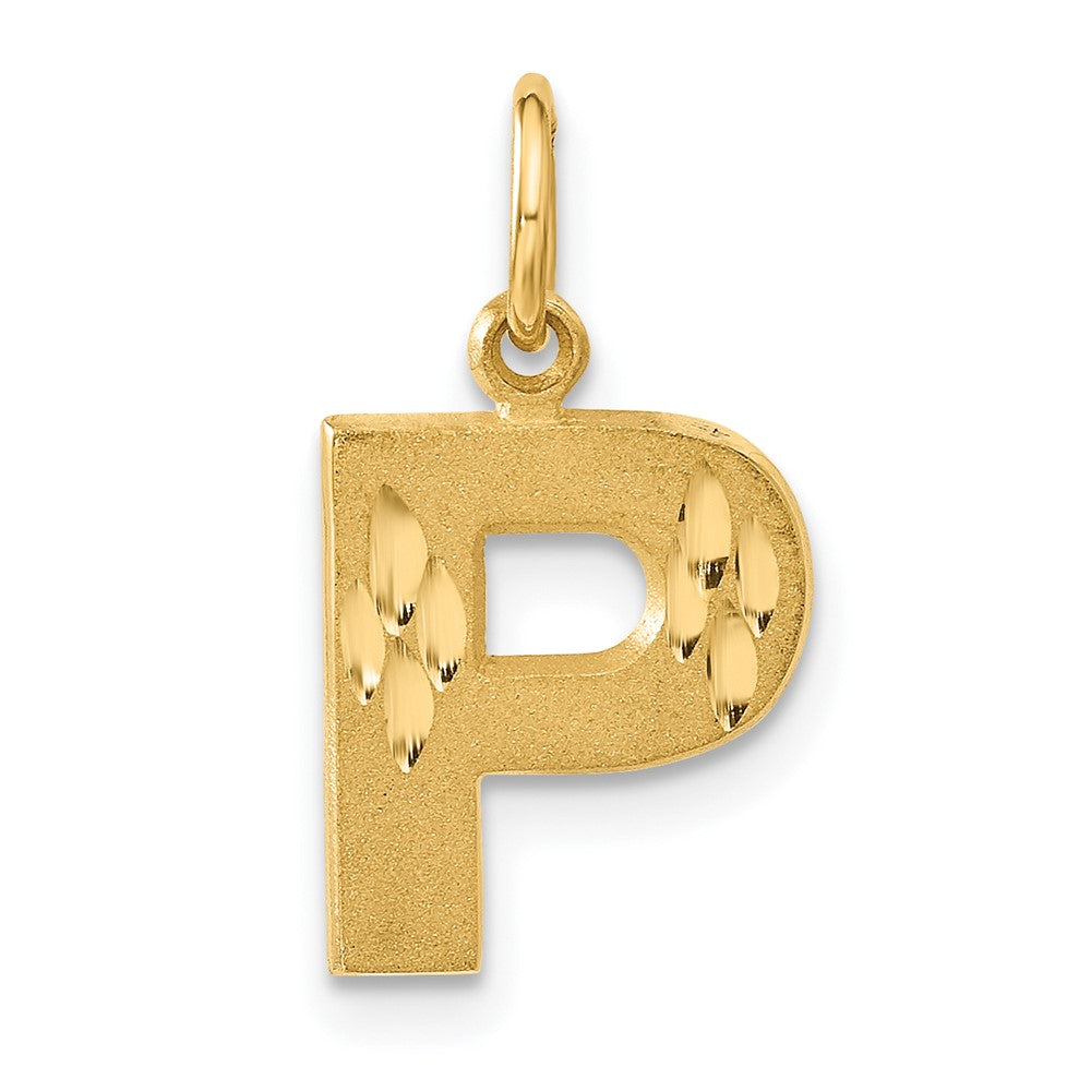 14k Yellow Gold, Julia Collection, Small Satin Block Initial P Pendant, Item P10422-P by The Black Bow Jewelry Co.