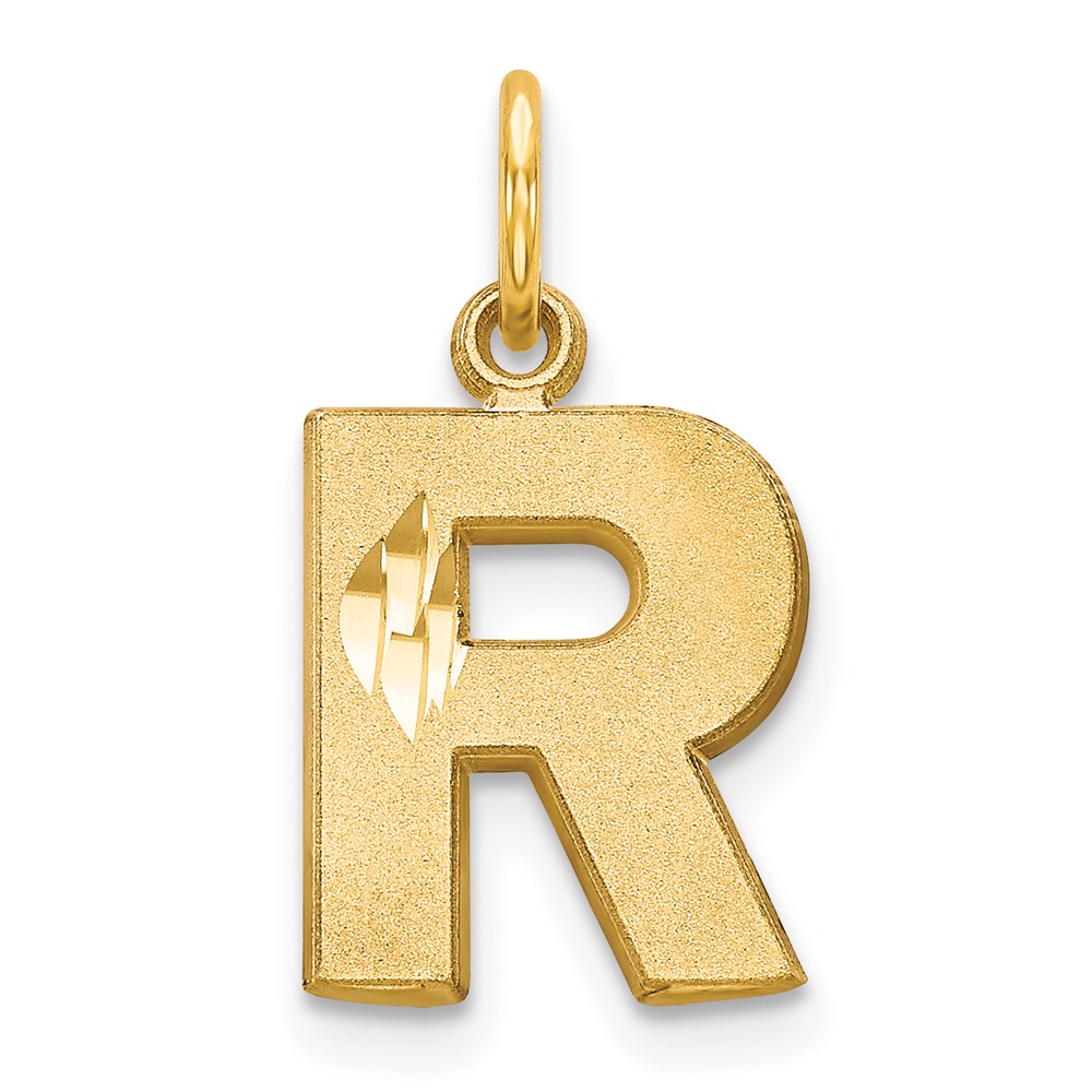 14k Yellow Gold, Julia Collection, Small Satin Block Initial R Pendant, Item P10422-R by The Black Bow Jewelry Co.