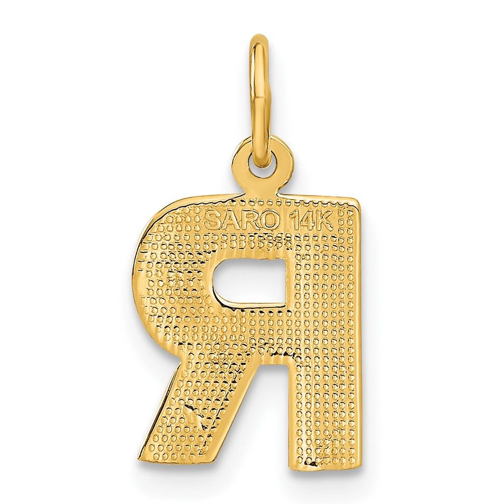 Alternate view of the 14k Yellow Gold, Julia Collection, Small Satin Block Initial R Pendant by The Black Bow Jewelry Co.