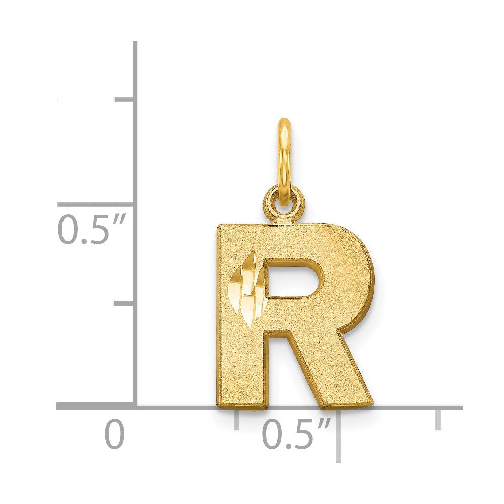 Alternate view of the 14k Yellow Gold, Julia Collection, Small Satin Block Initial R Pendant by The Black Bow Jewelry Co.