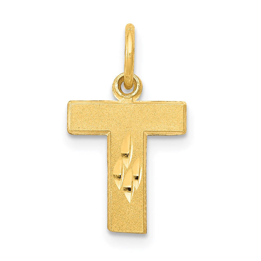 14k Yellow Gold, Julia Collection, Small Satin Block Initial T Pendant, Item P10422-T by The Black Bow Jewelry Co.