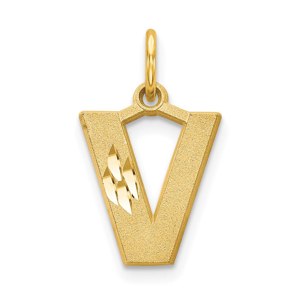 14k Yellow Gold, Julia Collection, Small Satin Block Initial V Pendant, Item P10422-V by The Black Bow Jewelry Co.