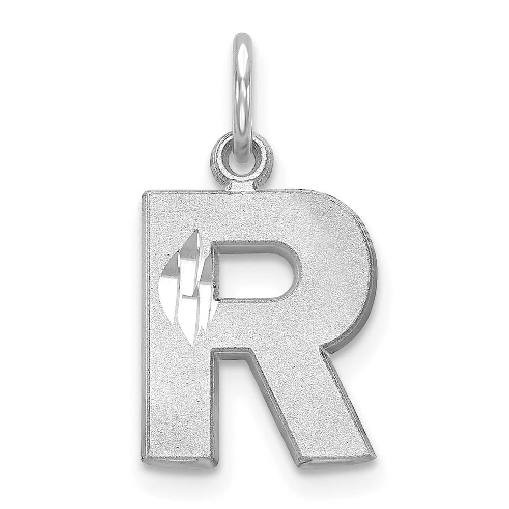 14k White Gold, Julia Collection, Small Satin Block Initial R Pendant, Item P10423-R by The Black Bow Jewelry Co.