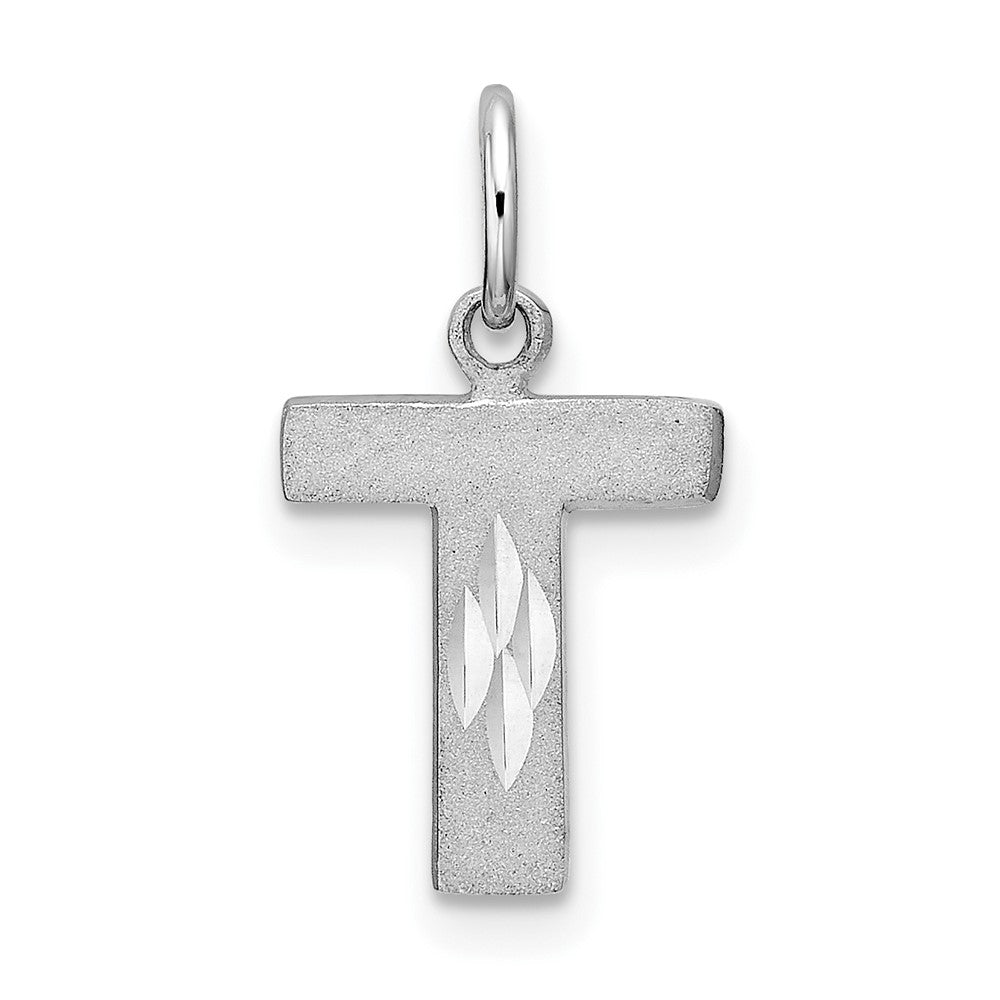 14k White Gold, Julia Collection, Small Satin Block Initial T Pendant, Item P10423-T by The Black Bow Jewelry Co.