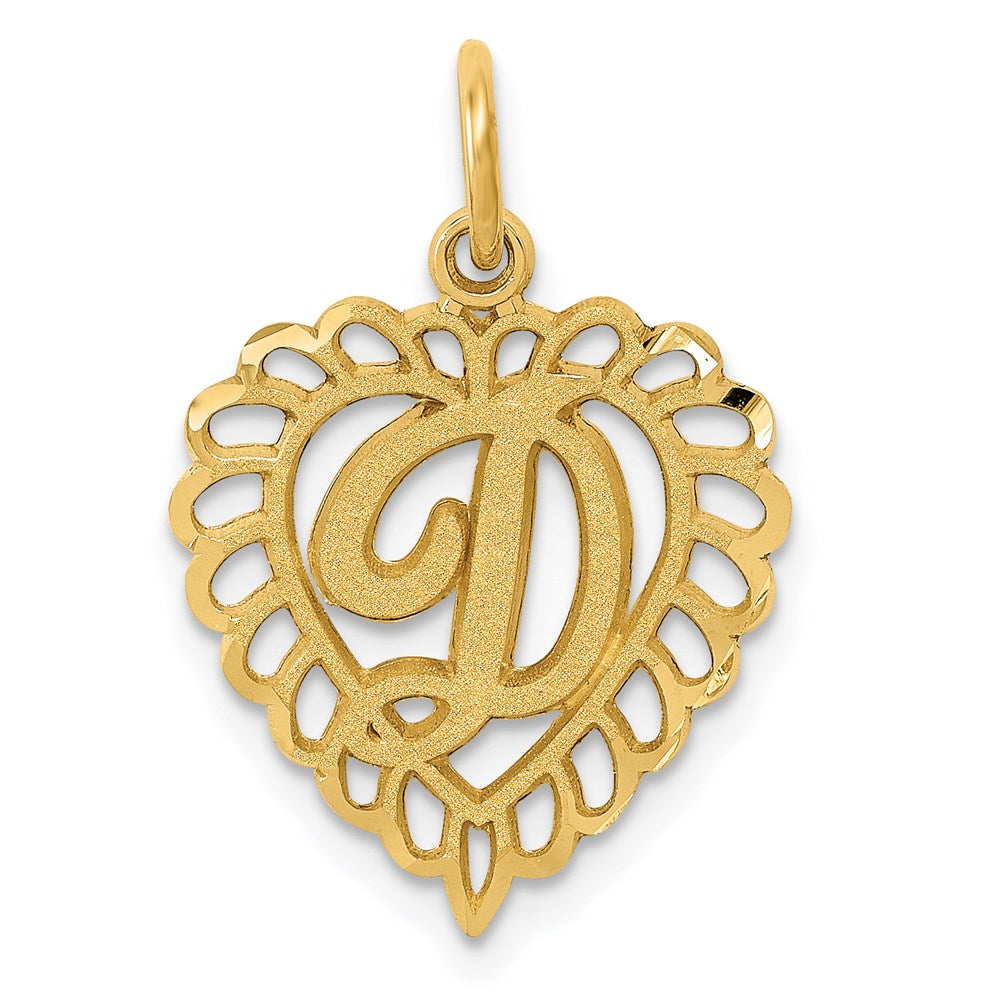 14k Yellow Gold, Grace Collection, Satin Heart Initial D Pendant, 15mm, Item P10425-D by The Black Bow Jewelry Co.