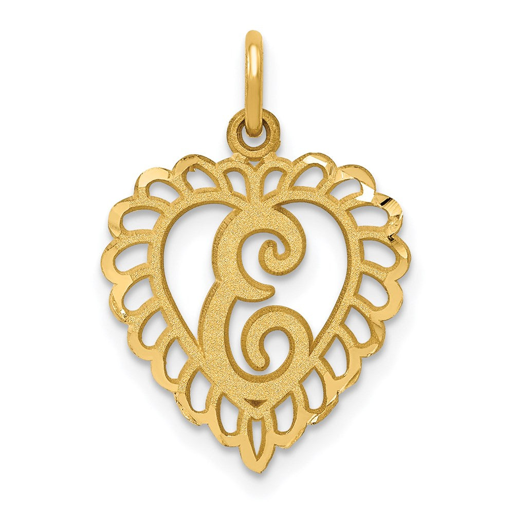 14k Yellow Gold, Grace Collection, Satin Heart Initial E Pendant, 15mm, Item P10425-E by The Black Bow Jewelry Co.