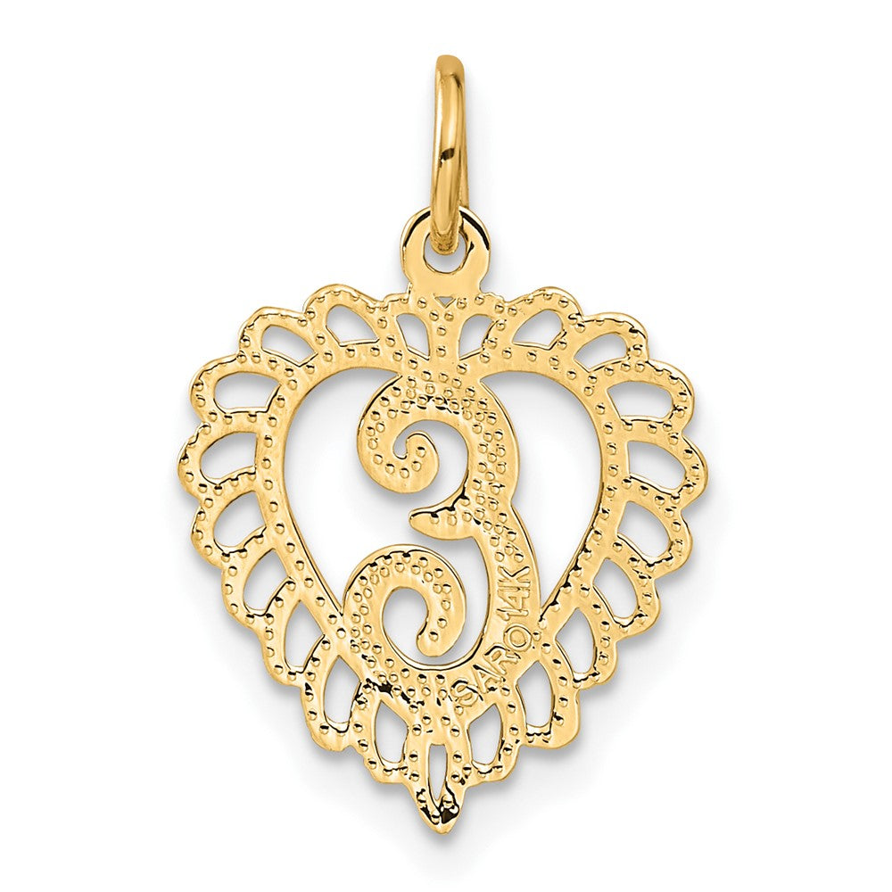 Alternate view of the 14k Yellow Gold, Grace Collection, Satin Heart Initial E Pendant, 15mm by The Black Bow Jewelry Co.