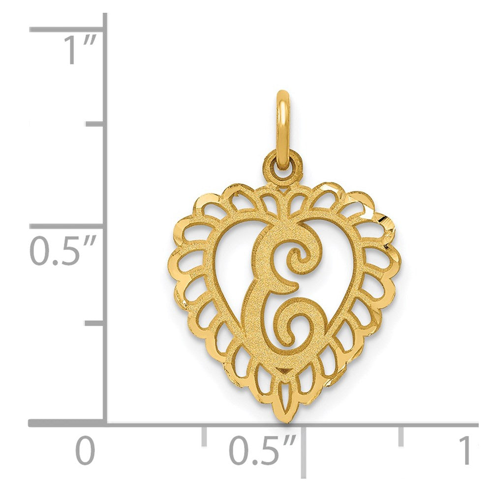 Alternate view of the 14k Yellow Gold, Grace Collection, Satin Heart Initial E Pendant, 15mm by The Black Bow Jewelry Co.