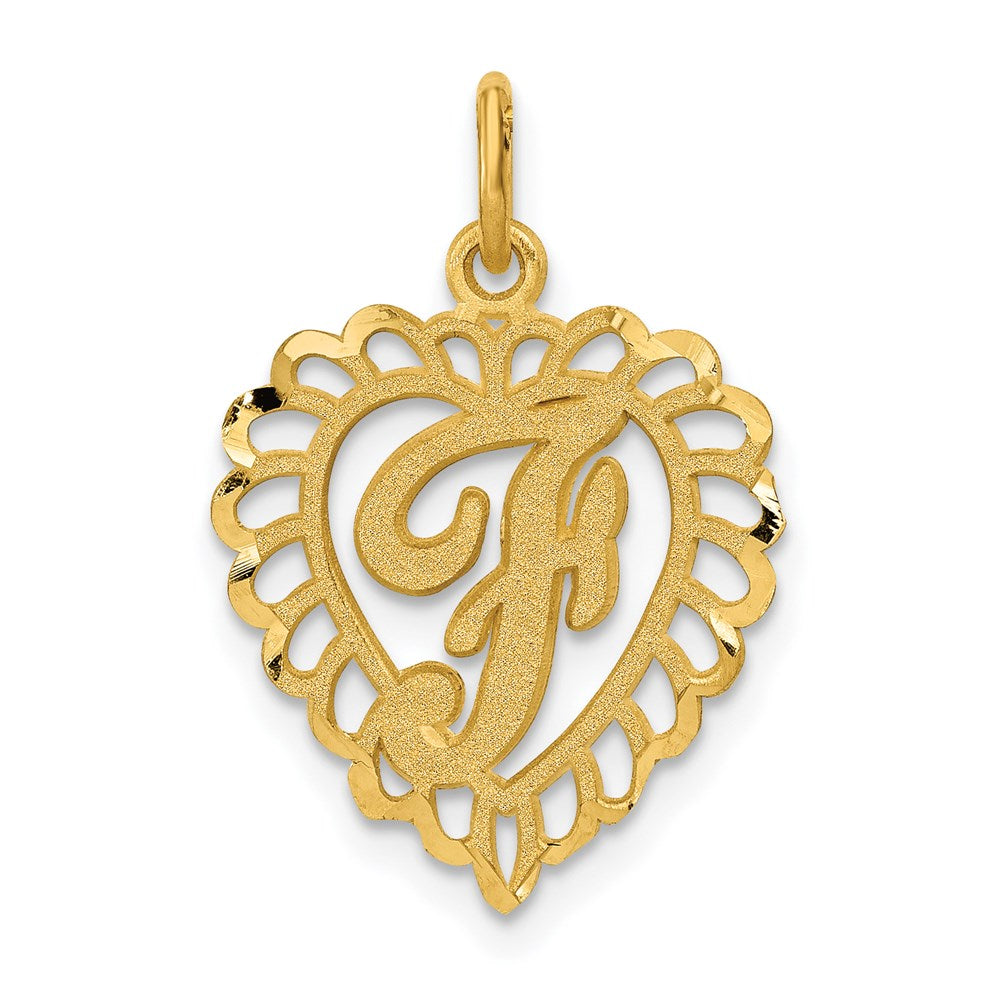 14k Yellow Gold, Grace Collection, Satin Heart Initial F Pendant, 15mm, Item P10425-F by The Black Bow Jewelry Co.