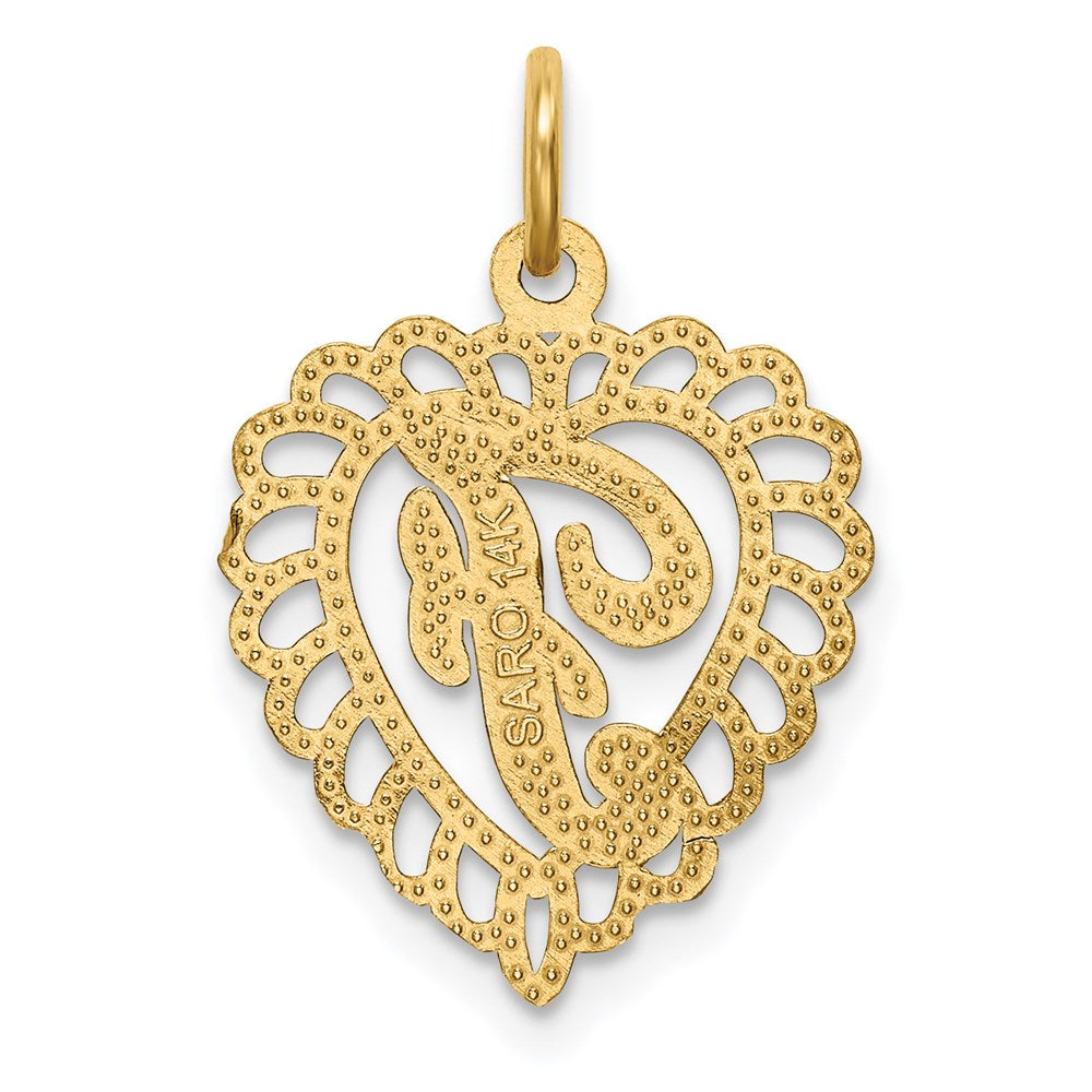Alternate view of the 14k Yellow Gold, Grace Collection, Satin Heart Initial F Pendant, 15mm by The Black Bow Jewelry Co.