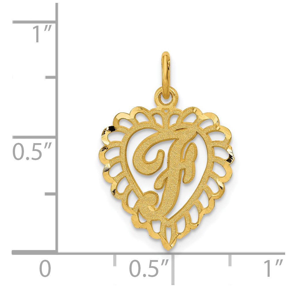 Alternate view of the 14k Yellow Gold, Grace Collection, Satin Heart Initial F Pendant, 15mm by The Black Bow Jewelry Co.