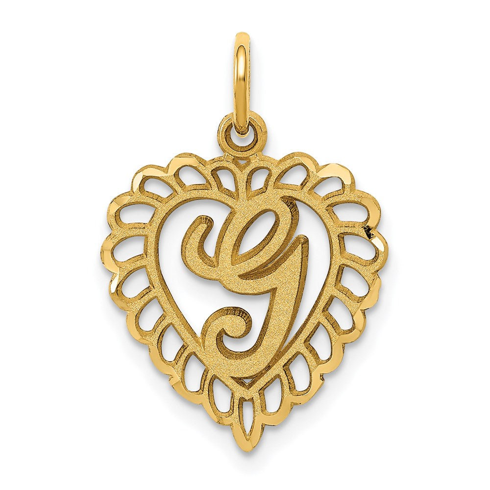 14k Yellow Gold, Grace Collection, Satin Heart Initial G Pendant, 15mm, Item P10425-G by The Black Bow Jewelry Co.