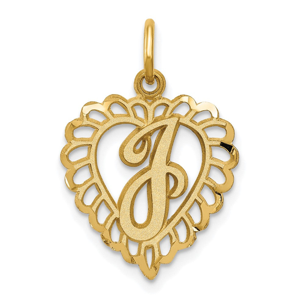14k Yellow Gold, Grace Collection, Satin Heart Initial J Pendant, 15mm, Item P10425-J by The Black Bow Jewelry Co.
