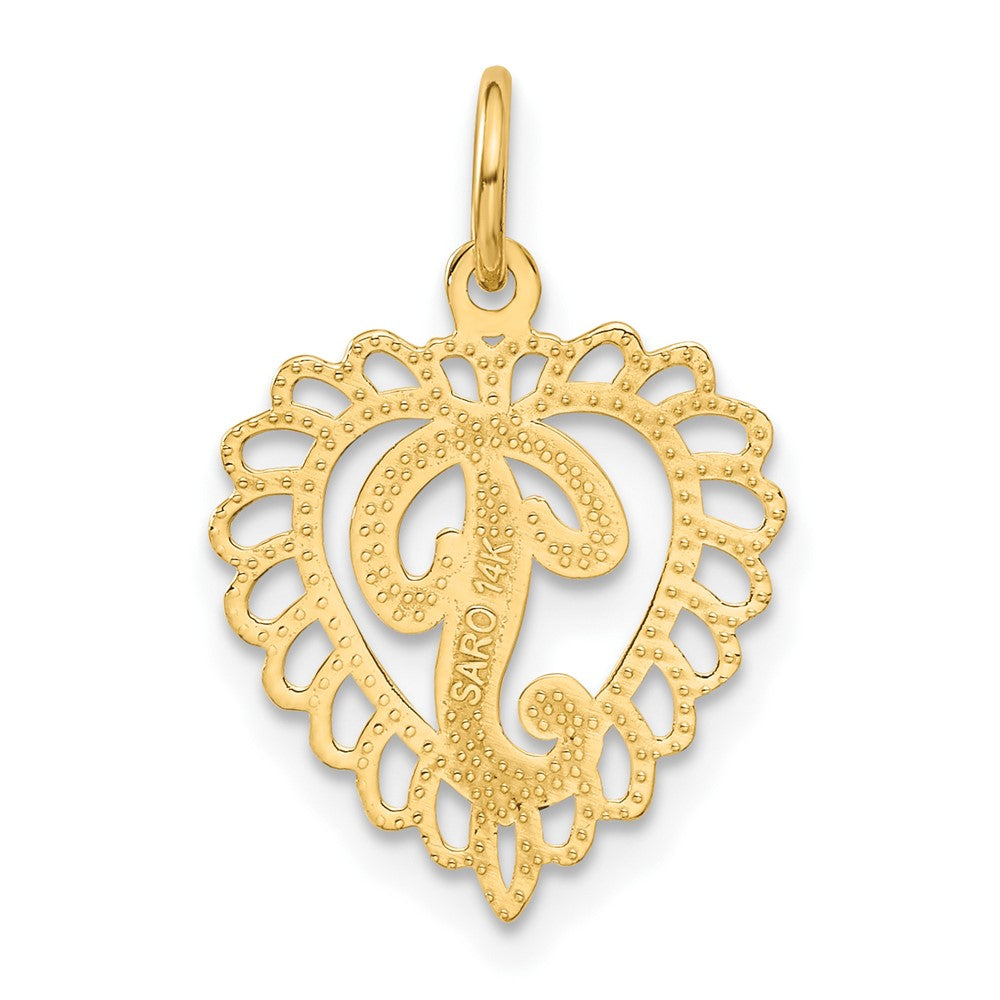 Alternate view of the 14k Yellow Gold, Grace Collection, Satin Heart Initial P Pendant, 15mm by The Black Bow Jewelry Co.
