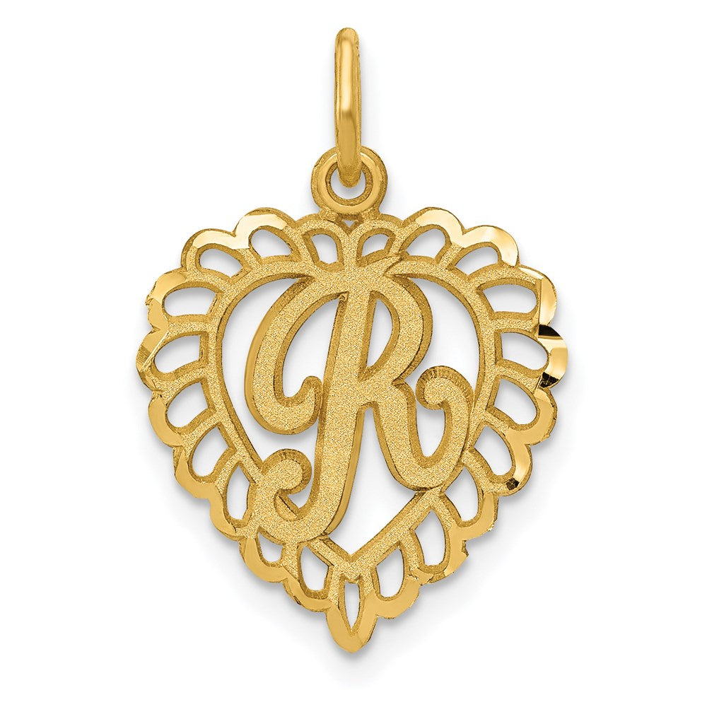 14k Yellow Gold, Grace Collection, Satin Heart Initial R Pendant, 15mm, Item P10425-R by The Black Bow Jewelry Co.