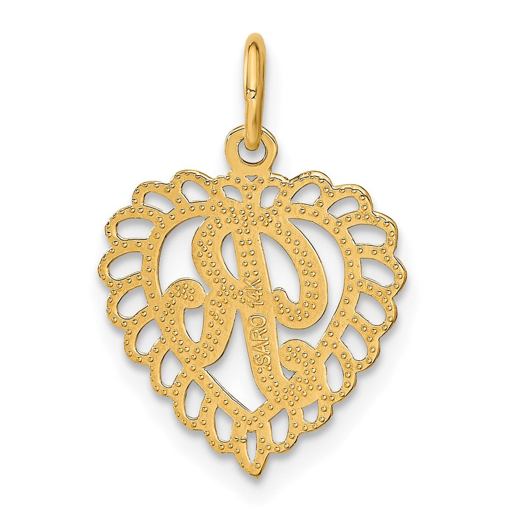 Alternate view of the 14k Yellow Gold, Grace Collection, Satin Heart Initial R Pendant, 15mm by The Black Bow Jewelry Co.