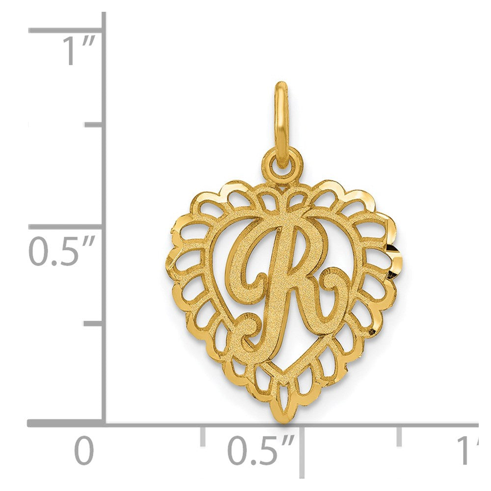 Alternate view of the 14k Yellow Gold, Grace Collection, Satin Heart Initial R Pendant, 15mm by The Black Bow Jewelry Co.