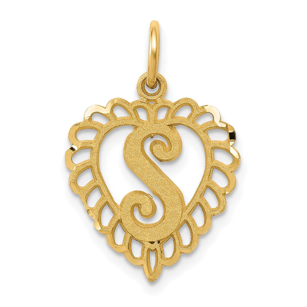 14k Yellow Gold, Grace Collection, Satin Heart Initial S Pendant, 15mm, Item P10425-S by The Black Bow Jewelry Co.