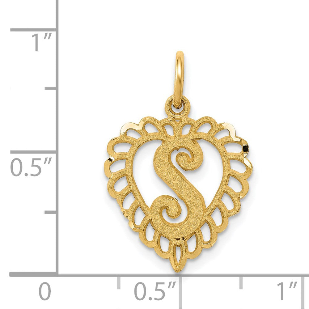 Alternate view of the 14k Yellow Gold, Grace Collection, Satin Heart Initial S Pendant, 15mm by The Black Bow Jewelry Co.
