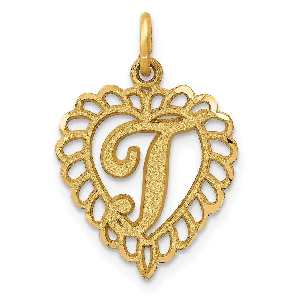 14k Yellow Gold, Grace Collection, Satin Heart Initial T Pendant, 15mm, Item P10425-T by The Black Bow Jewelry Co.