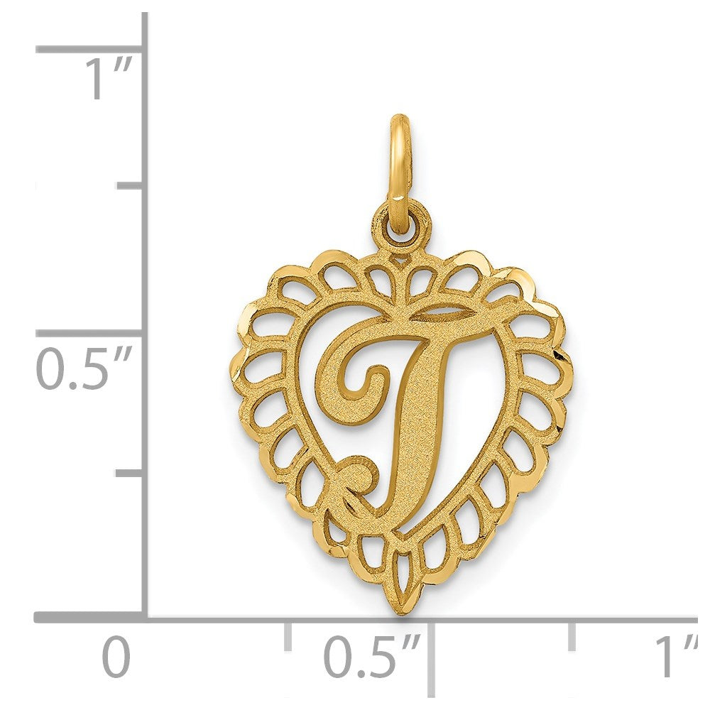 Alternate view of the 14k Yellow Gold, Grace Collection, Satin Heart Initial T Pendant, 15mm by The Black Bow Jewelry Co.