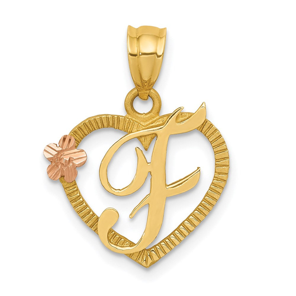 14k Two Tone Gold Grace Collection 15mm Heart Initial F Pendant, Item P10426-F by The Black Bow Jewelry Co.