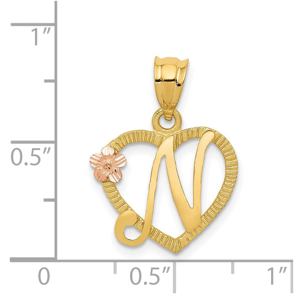 Alternate view of the 14k Two Tone Gold Grace Collection 15mm Heart Initial N Pendant by The Black Bow Jewelry Co.