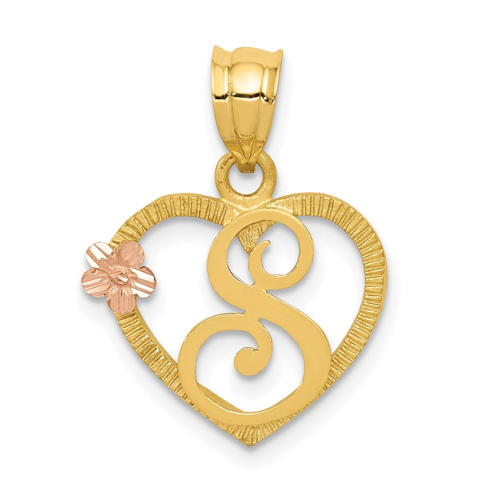 14k Two Tone Gold Grace Collection 15mm Heart Initial S Pendant, Item P10426-S by The Black Bow Jewelry Co.