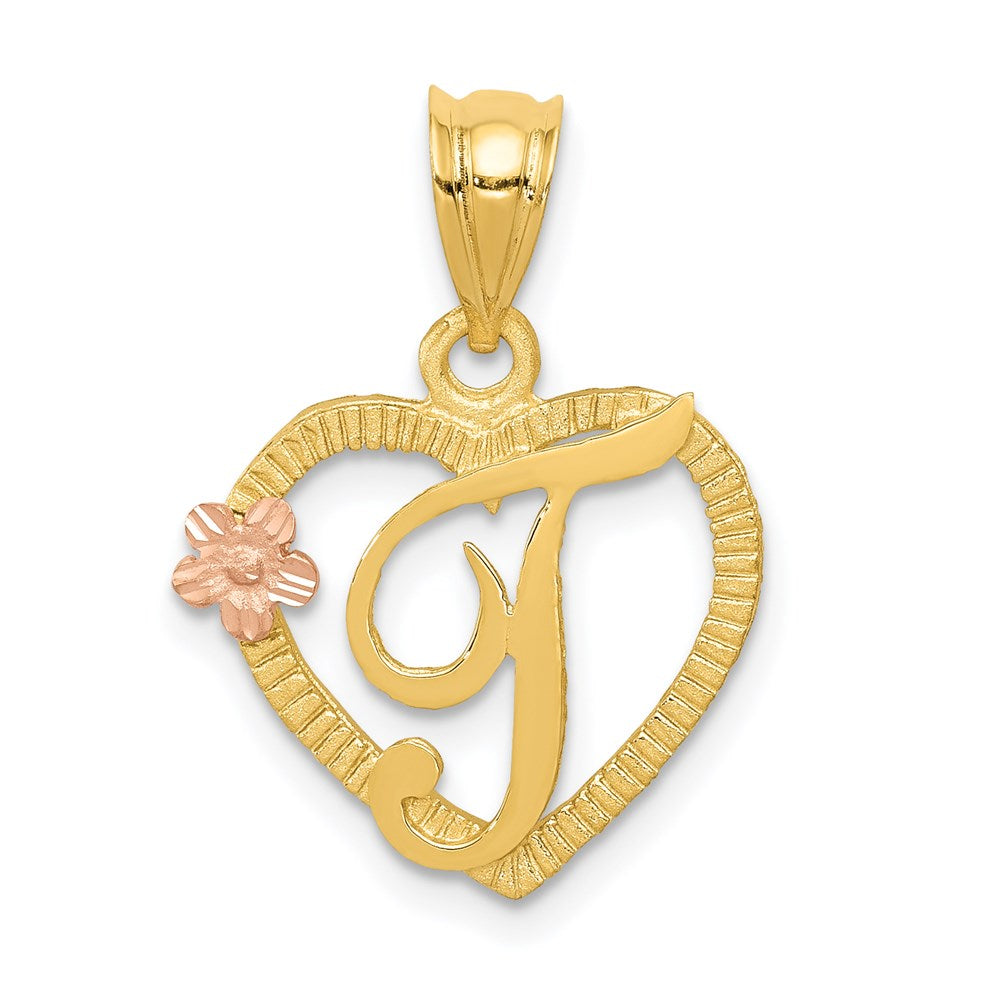 14k Two Tone Gold Grace Collection 15mm Heart Initial T Pendant, Item P10426-T by The Black Bow Jewelry Co.