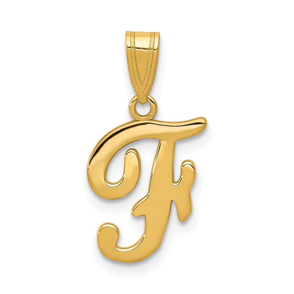14k Yellow Gold, Mimi Collection, Small Script Initial F Pendant, Item P10427-F by The Black Bow Jewelry Co.