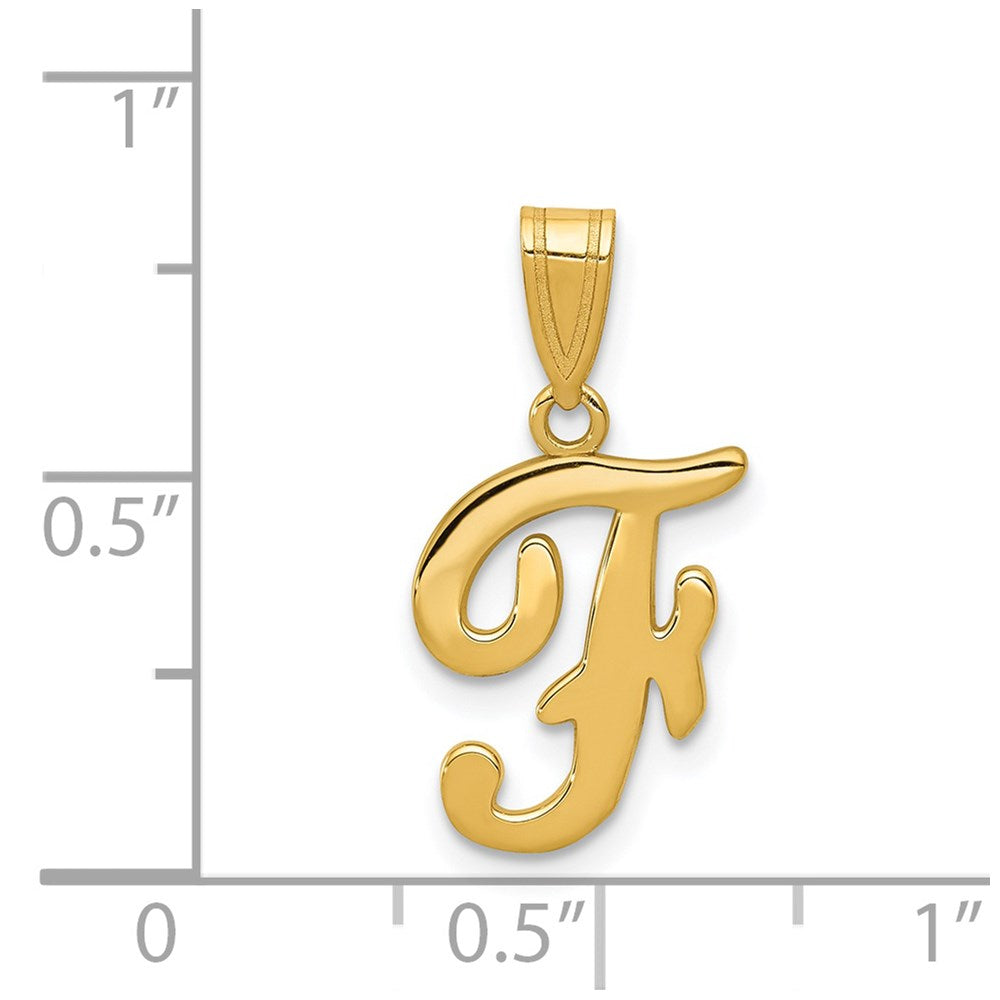 Alternate view of the 14k Yellow Gold, Mimi Collection, Small Script Initial F Pendant by The Black Bow Jewelry Co.