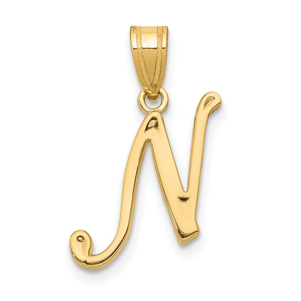 14k Yellow Gold, Mimi Collection, Small Script Initial N Pendant, Item P10427-N by The Black Bow Jewelry Co.