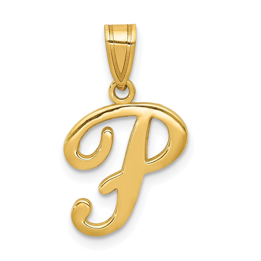 14k Yellow Gold, Mimi Collection, Small Script Initial P Pendant, Item P10427-P by The Black Bow Jewelry Co.