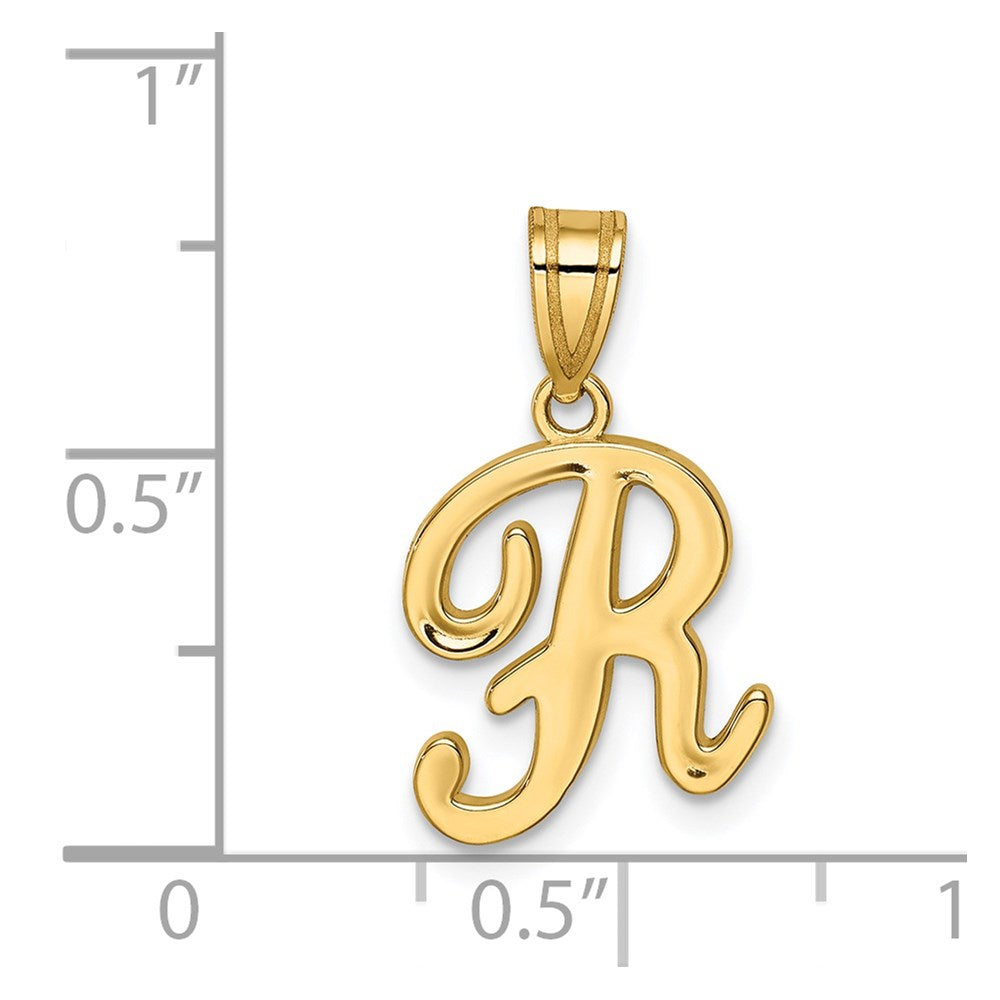 Alternate view of the 14k Yellow Gold, Mimi Collection, Small Script Initial R Pendant by The Black Bow Jewelry Co.
