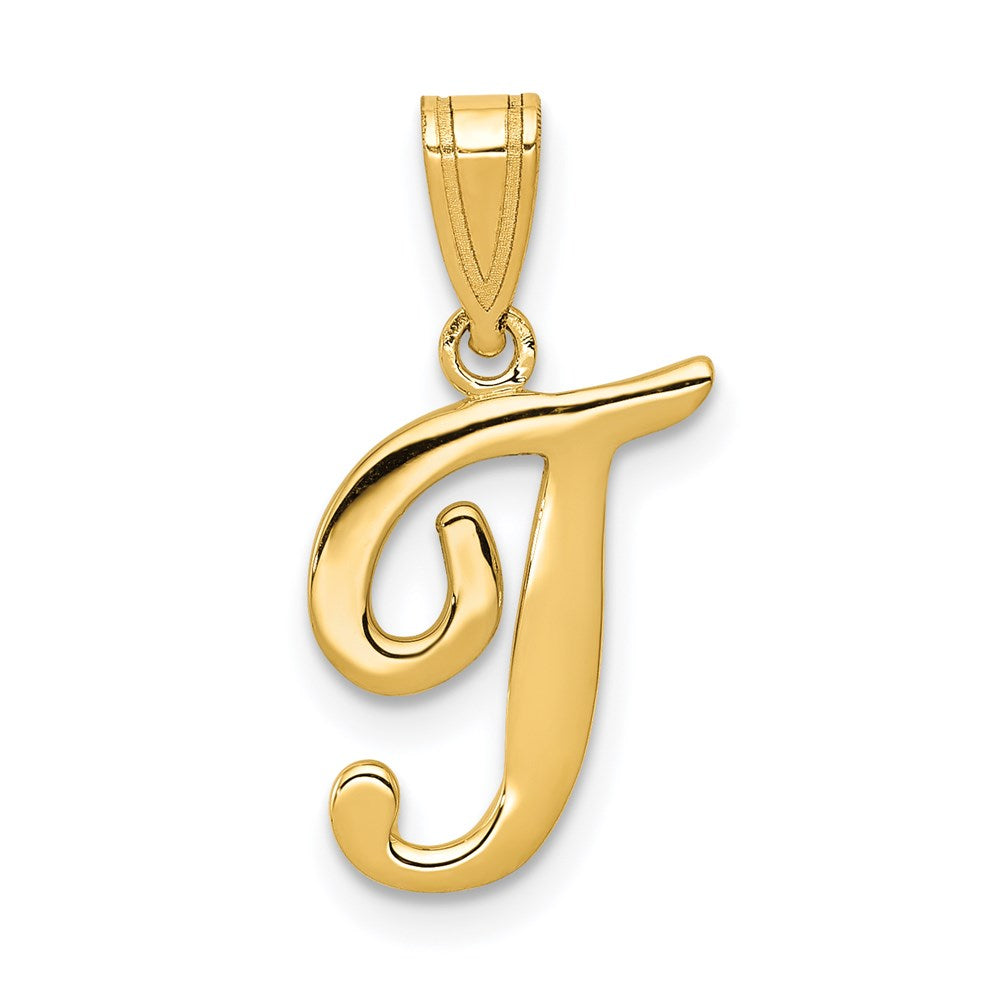 14k Yellow Gold, Mimi Collection, Small Script Initial T Pendant, Item P10427-T by The Black Bow Jewelry Co.