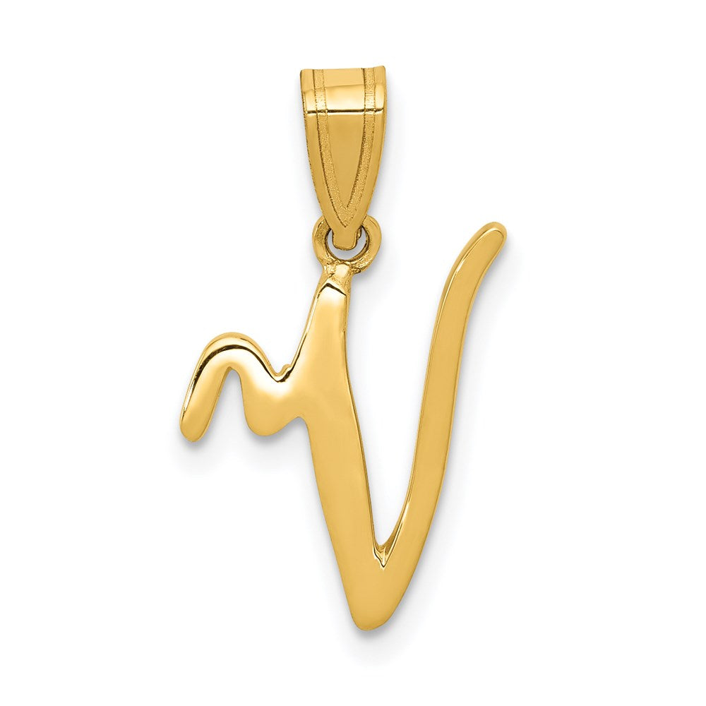 14k Yellow Gold, Mimi Collection, Small Script Initial V Pendant, Item P10427-V by The Black Bow Jewelry Co.