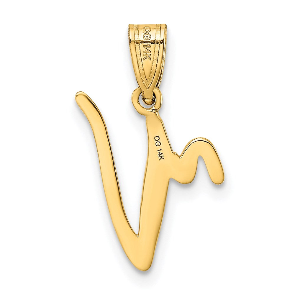 Alternate view of the 14k Yellow Gold, Mimi Collection, Small Script Initial V Pendant by The Black Bow Jewelry Co.