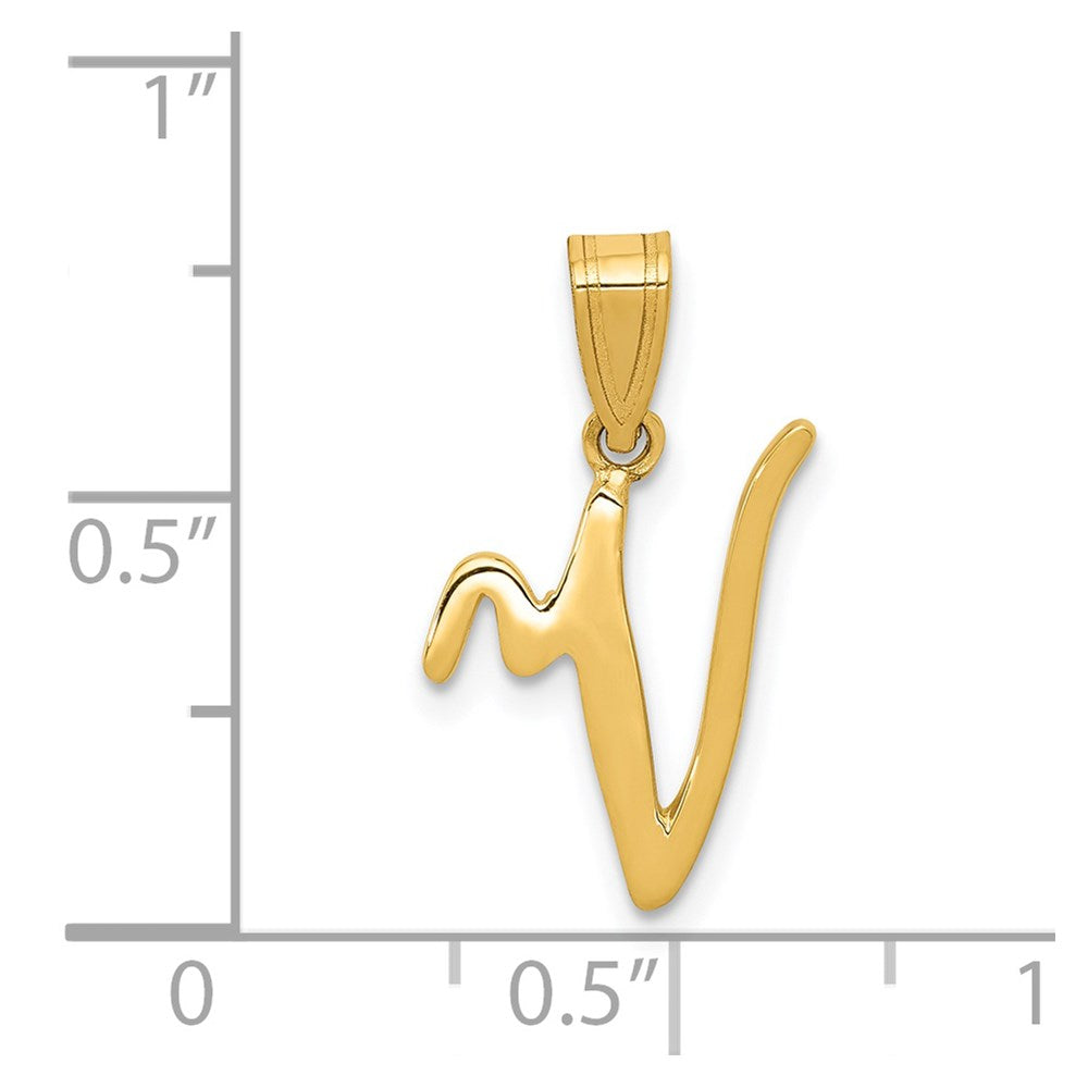 Alternate view of the 14k Yellow Gold, Mimi Collection, Small Script Initial V Pendant by The Black Bow Jewelry Co.