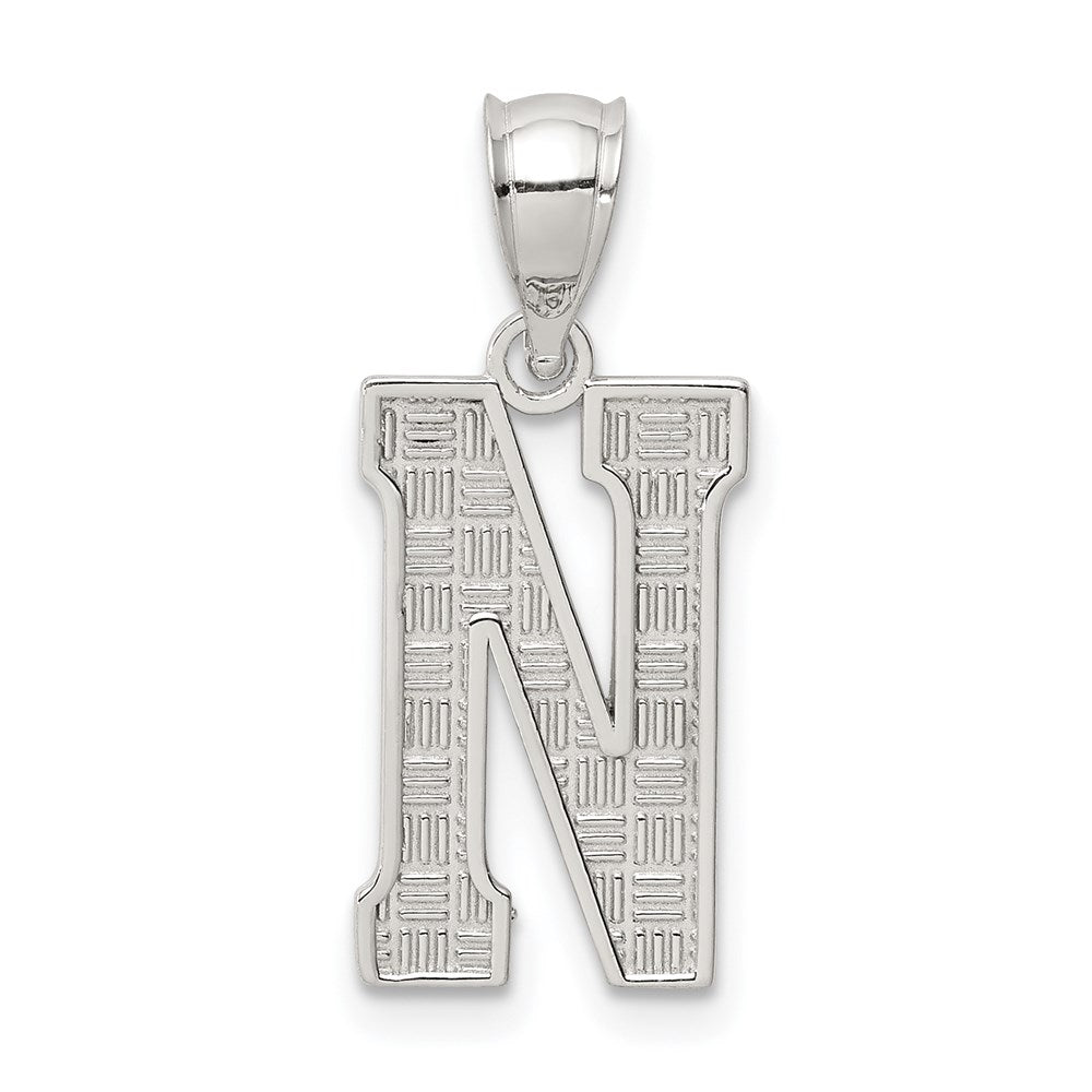 Sterling Silver, Sami Collection, Textured Block Initial N Pendant, Item P10431-N by The Black Bow Jewelry Co.