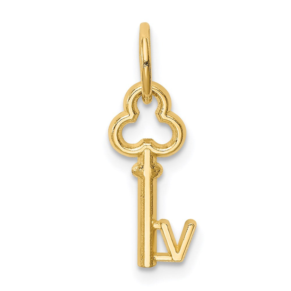 14k Yellow Gold, Hannah Collection, Mini Initial V Shamrock Key Charm, Item P10433-V by The Black Bow Jewelry Co.