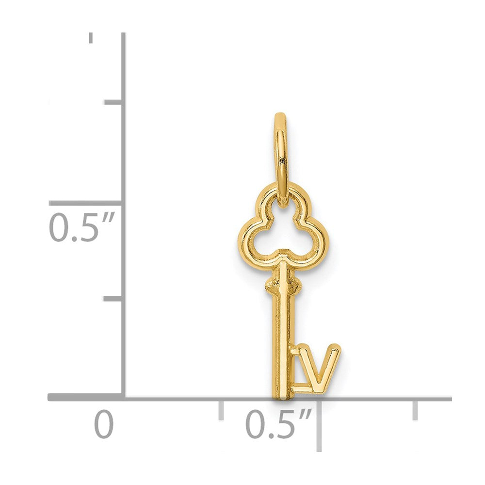 Alternate view of the 14k Yellow Gold, Hannah Collection, Mini Initial V Shamrock Key Charm by The Black Bow Jewelry Co.